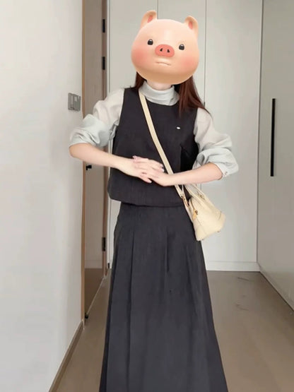 Early autumn three-piece outfit set, Korean style, elegant look, dress, vest, shirt layering set, suitable for petite women, sophisticated style.