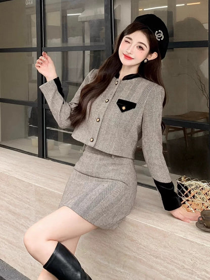 Shenzhen Nanyou European goods rich daughter Xiaoxiangfeng light luxury two-piece set herringbone woolen coat short skirt suit autumn