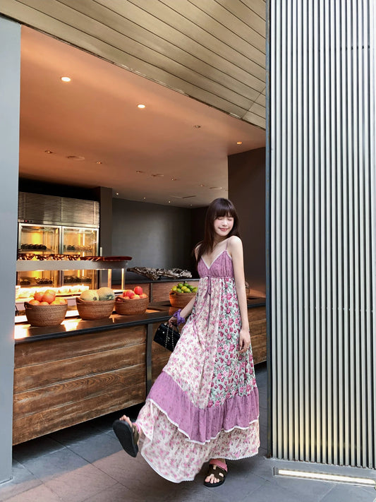 Britney Spears' Floral Overture/Multi-color patchwork color-blocked three-dimensional pleated ruffled floral dress Y