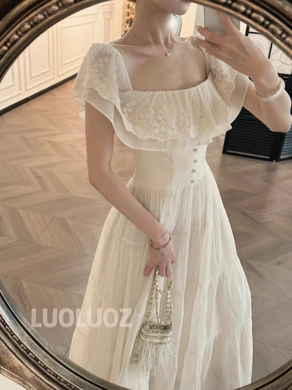 LUOLUOZ "White Lotus Elegance" – Off-shoulder, ruffled, slimming, and soft-style long dress (JF1473)