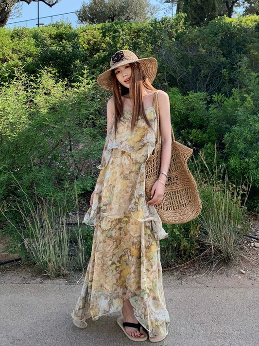 Britney Spears - Cherry Blossom Island/Retro Tie-Dye Heavy Fishbone Embroidery Tea Break Spaghetti Strap Floral Dress