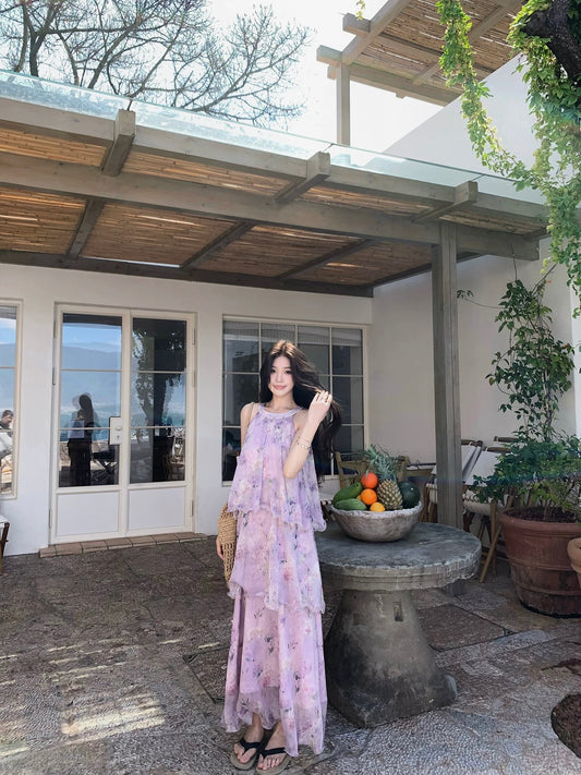 Britney Spears - Smoky Purple Dream / Haute Couture Floral Halter Neck Multi-Layered Ruffle Skirt Dress