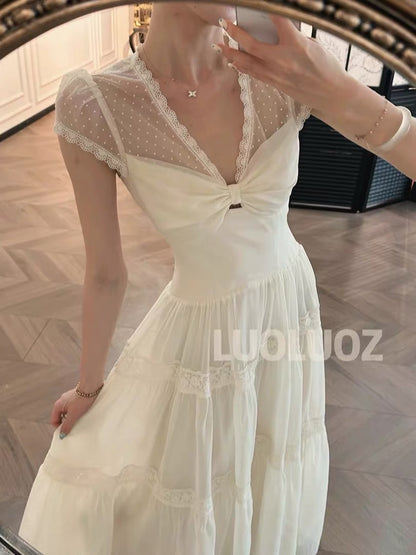 LUOLUOZ "Cloud-like White Elegance" – Long, waist-cinching dress featuring sheer polka-dot mesh and lace (JF1458)