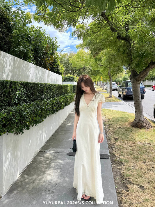 YUYUREAL Elegant French Lace Tencel Linen V-Neck Maxi Dress, High-End French Style, Slim Waist, Gentle Dress for Women