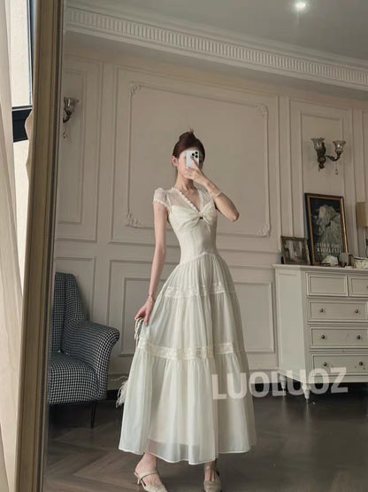 LUOLUOZ "Cloud-like White Elegance" – Long, waist-cinching dress featuring sheer polka-dot mesh and lace (JF1458)