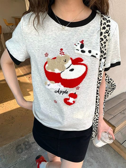 CCKOK Spotted Puppy Apple Towel Embroidery Colorblock Shoulder T-shirt 2025 Summer New Age-Reducing Design Short Sleeve