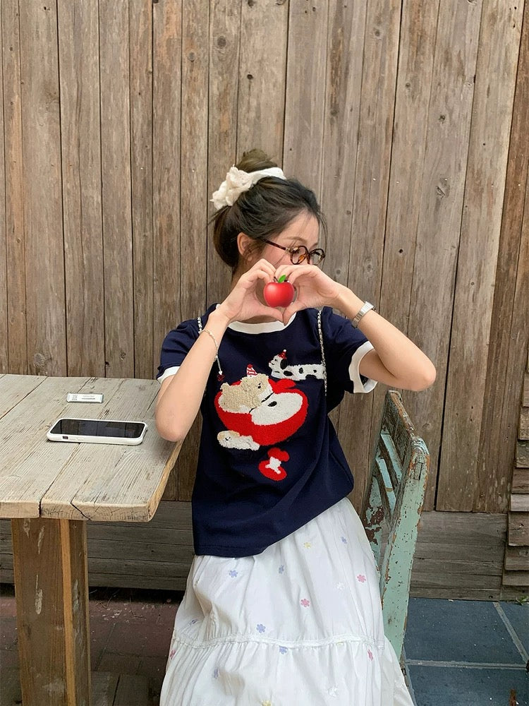 CCKOK Spotted Puppy Apple Towel Embroidery Colorblock Shoulder T-shirt 2025 Summer New Age-Reducing Design Short Sleeve