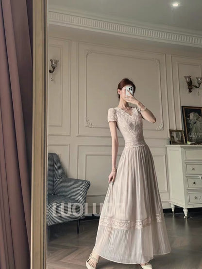 LUOLUOZ [Light & Graceful] French-style V-neck long summer dress with ruffled details and a waist-cinching, slimming fit (JF1406)