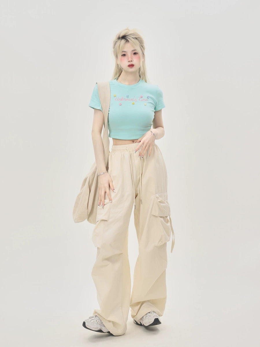 Summer dopamine outfit tight niche French sweet and spicy pinch waist short blue top right shoulder short sleeve T-shirt for women