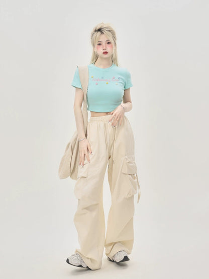 Summer dopamine outfit tight niche French sweet and spicy pinch waist short blue top right shoulder short sleeve T-shirt for women
