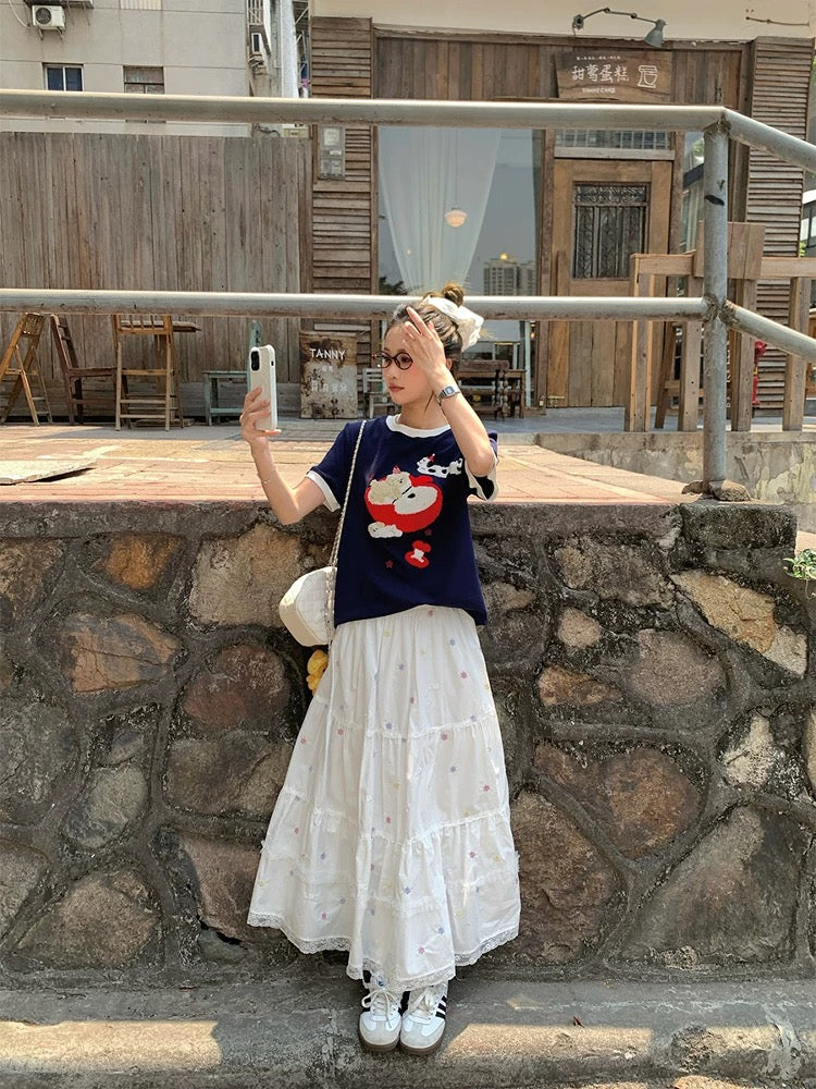CCKOK Spotted Puppy Apple Towel Embroidery Colorblock Shoulder T-shirt 2025 Summer New Age-Reducing Design Short Sleeve