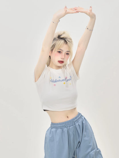 Summer dopamine outfit tight niche French sweet and spicy pinch waist short blue top right shoulder short sleeve T-shirt for women