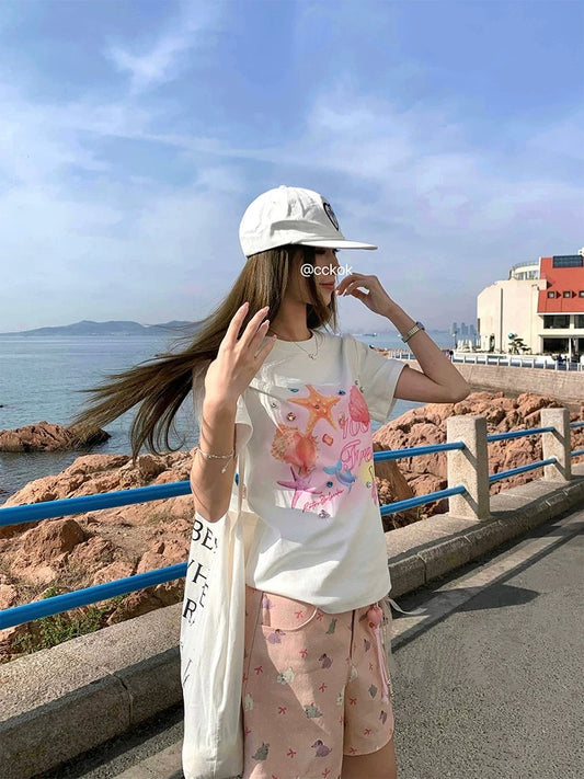 CCKOK Undersea World Blur Printed Hand-sewn Diamond Straight Shoulder T-shirt 2025 Summer New Girls Age-reducing Short Sleeve