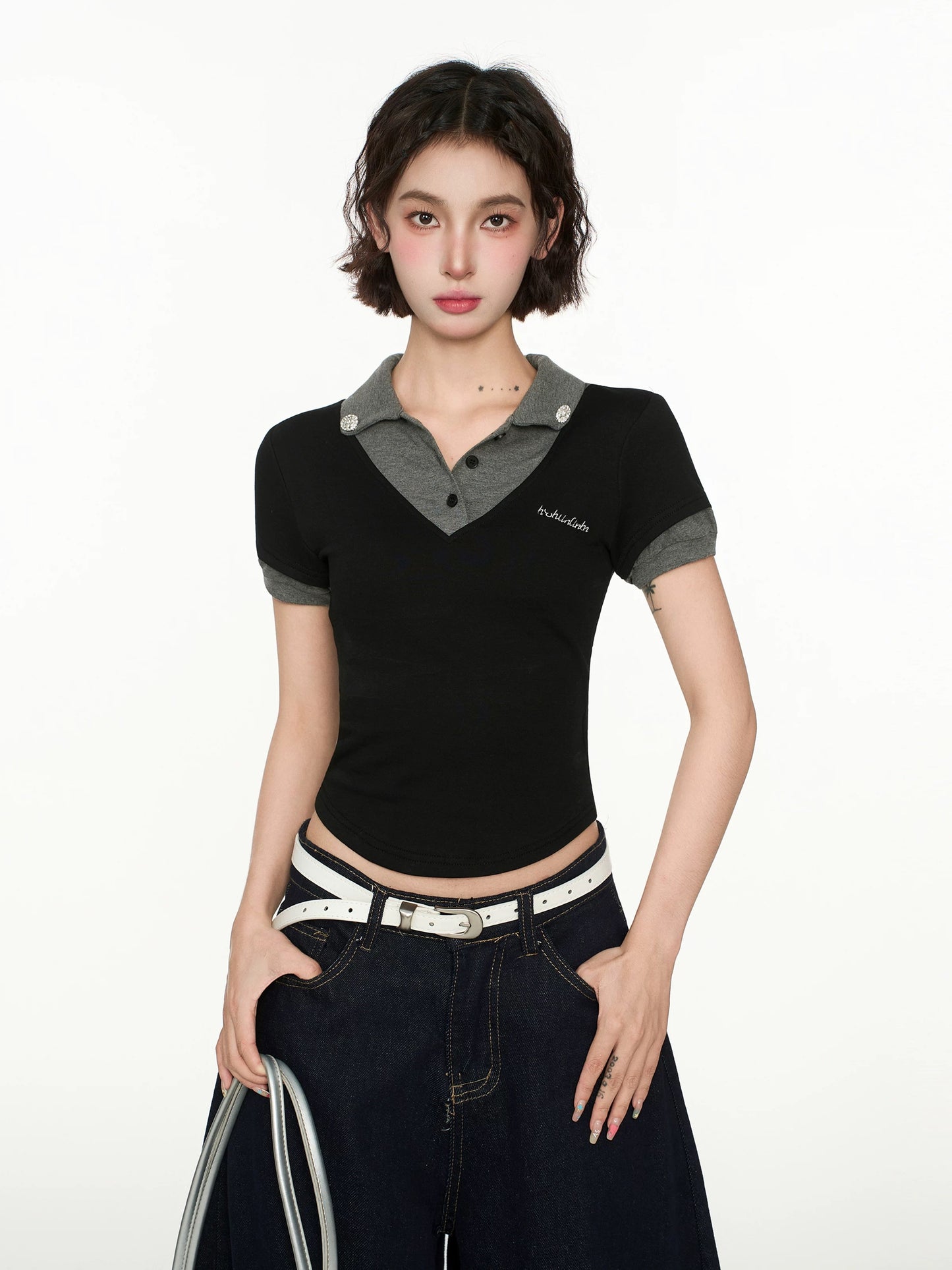 Black fake two-piece polo shirt straight shoulder short-sleeved T-shirt women's summer v-neck slim short tight American hot girl top