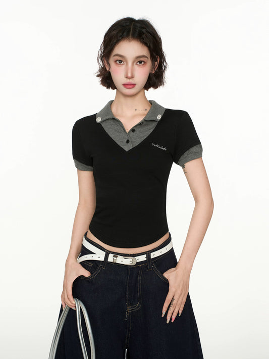 Black fake two-piece polo shirt straight shoulder short-sleeved T-shirt women's summer v-neck slim short tight American hot girl top