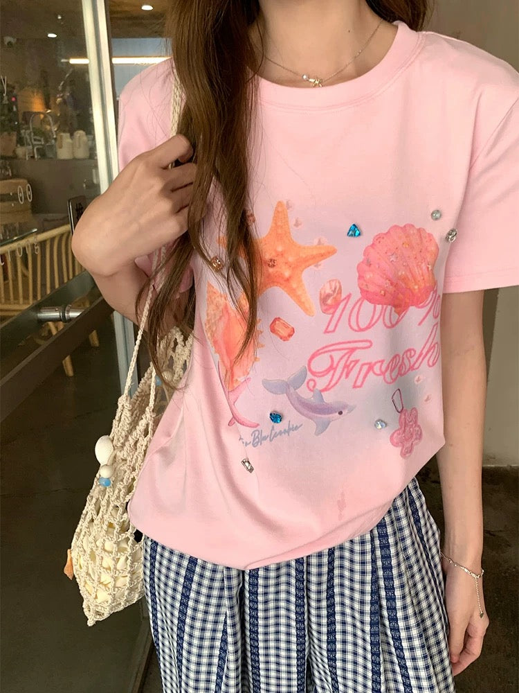 CCKOK Undersea World Blur Printed Hand-sewn Diamond Straight Shoulder T-shirt 2025 Summer New Girls Age-reducing Short Sleeve