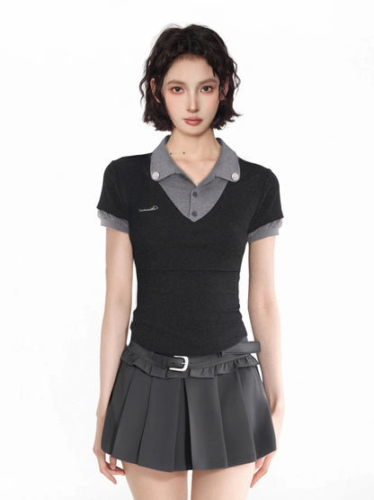Black fake two-piece polo shirt straight shoulder short-sleeved T-shirt women's summer v-neck slim short tight American hot girl top
