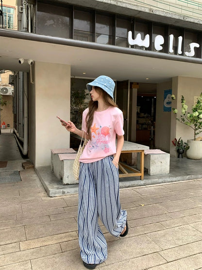 CCKOK Undersea World Blur Printed Hand-sewn Diamond Straight Shoulder T-shirt 2025 Summer New Girls Age-reducing Short Sleeve