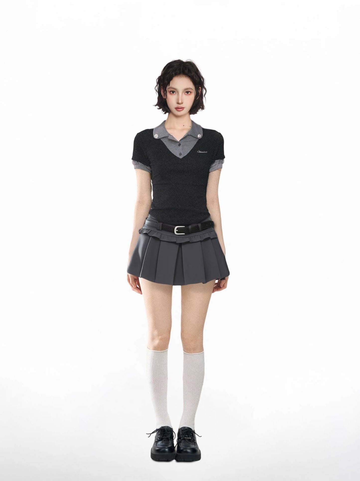 Black fake two-piece polo shirt straight shoulder short-sleeved T-shirt women's summer v-neck slim short tight American hot girl top
