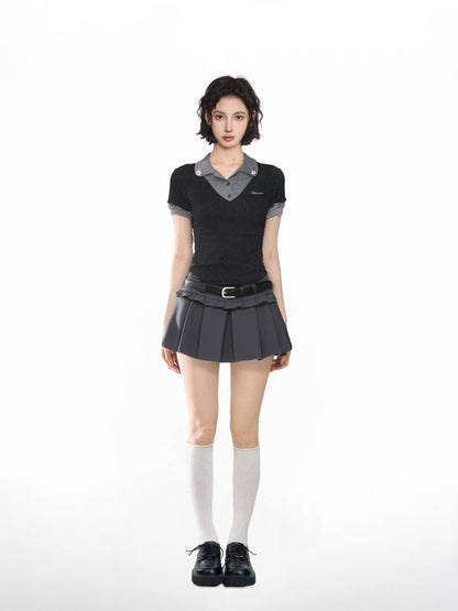 Black fake two-piece polo shirt straight shoulder short-sleeved T-shirt women's summer v-neck slim short tight American hot girl top