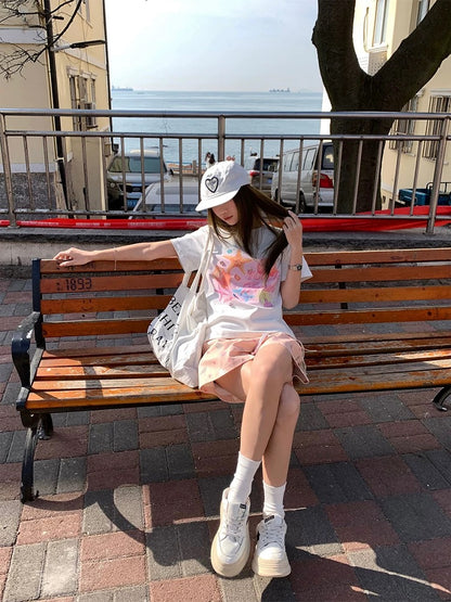 CCKOK Undersea World Blur Printed Hand-sewn Diamond Straight Shoulder T-shirt 2025 Summer New Girls Age-reducing Short Sleeve