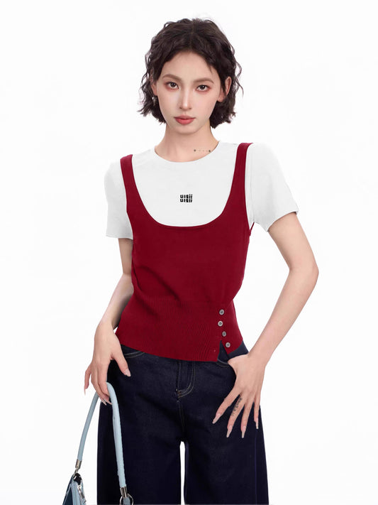 Contrast color fake two-piece straight shoulder knitted short-sleeved T-shirt women's summer 2025 new short slim waist half-sleeved top