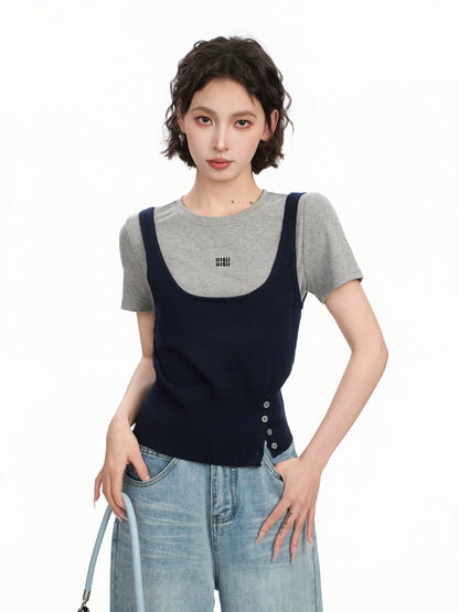 Contrast color fake two-piece straight shoulder knitted short-sleeved T-shirt women's summer 2025 new short slim waist half-sleeved top