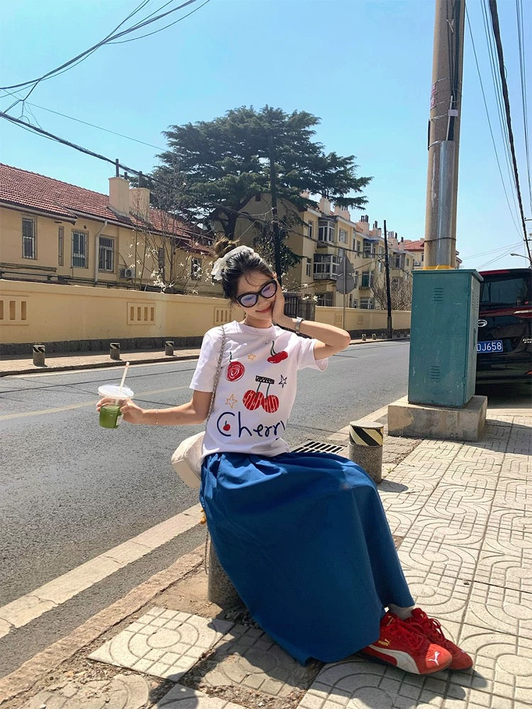 CCKOK Cherry Letter Printed Straight Shoulder T-shirt 2025 Summer New Korean Version All-match White Loose Short Sleeve Women