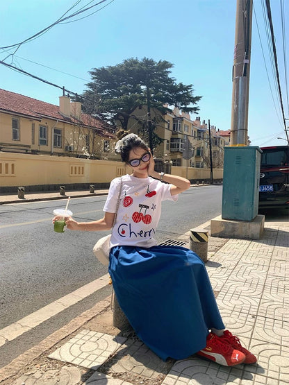 CCKOK Cherry Letter Printed Straight Shoulder T-shirt 2025 Summer New Korean Version All-match White Loose Short Sleeve Women