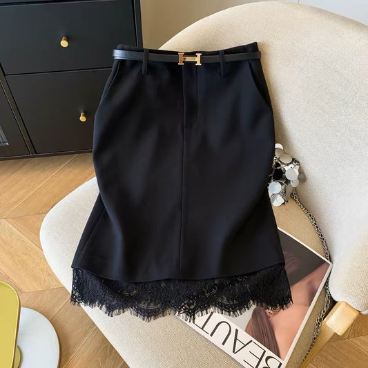 [Aohansi] Sophisticated Workwear Skirt – 2026 Spring/Summer High-Waisted Style with Lace Trim Detailing