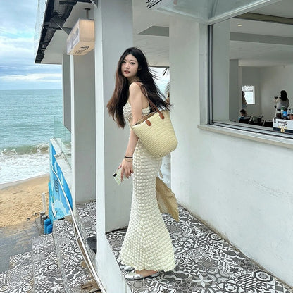 French style pure lust style unique suspender dress apricot color simple elegant long skirt socialite high-end