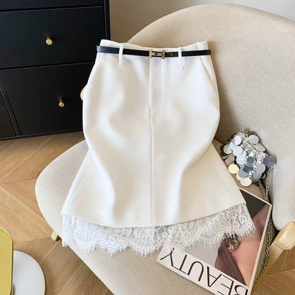 [Aohansi] Sophisticated Workwear Skirt – 2026 Spring/Summer High-Waisted Style with Lace Trim Detailing