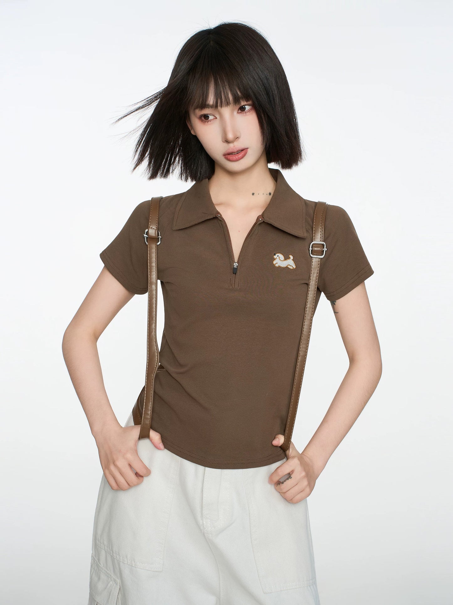 American brown polo shirt straight shoulder short-sleeved T-shirt women's summer slim short waist half-sleeve V-neck half-zip top