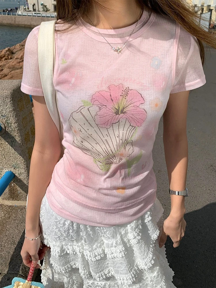CCKOK Shell Flower Real Two-piece Transparent T-shirt 2025 Summer New Pure Desire Careful Design Short Sleeve Women