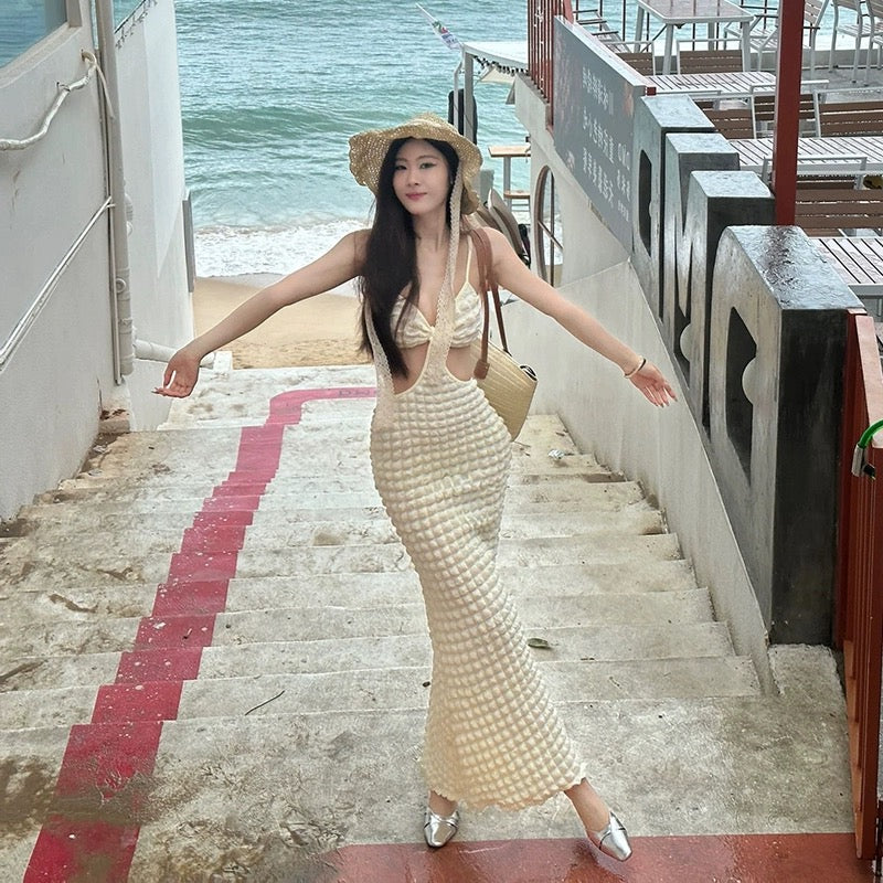 French style pure lust style unique suspender dress apricot color simple elegant long skirt socialite high-end