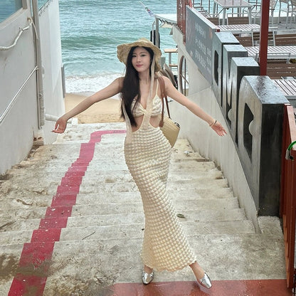 French style pure lust style unique suspender dress apricot color simple elegant long skirt socialite high-end