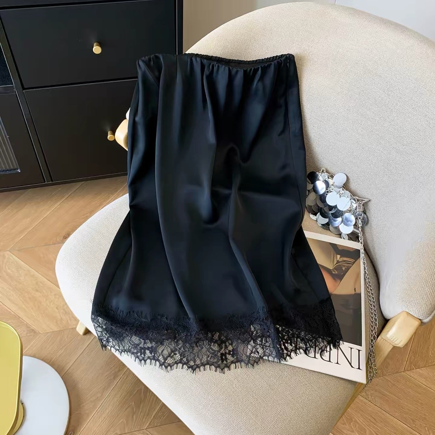 Summer 2026 New Arrival: Sophisticated Black Satin Midi Skirt – High-Waisted, Slimming, and Draped with Lace Paneling