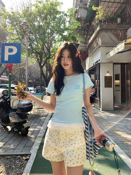 CCKOK Back puppy embroidered skirt slim shoulder T-shirt 2025 summer new niche short-sleeved women