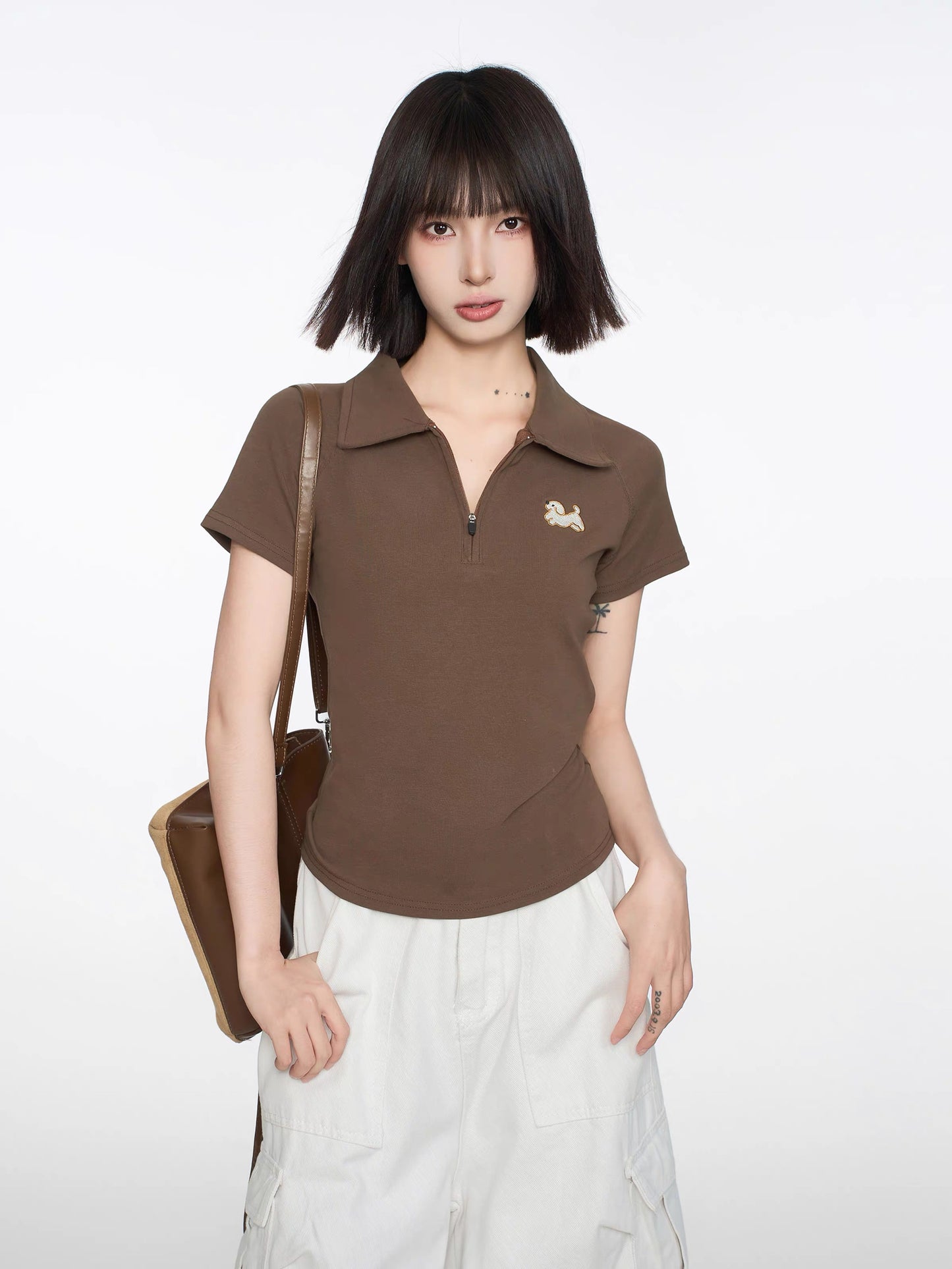 American brown polo shirt straight shoulder short-sleeved T-shirt women's summer slim short waist half-sleeve V-neck half-zip top
