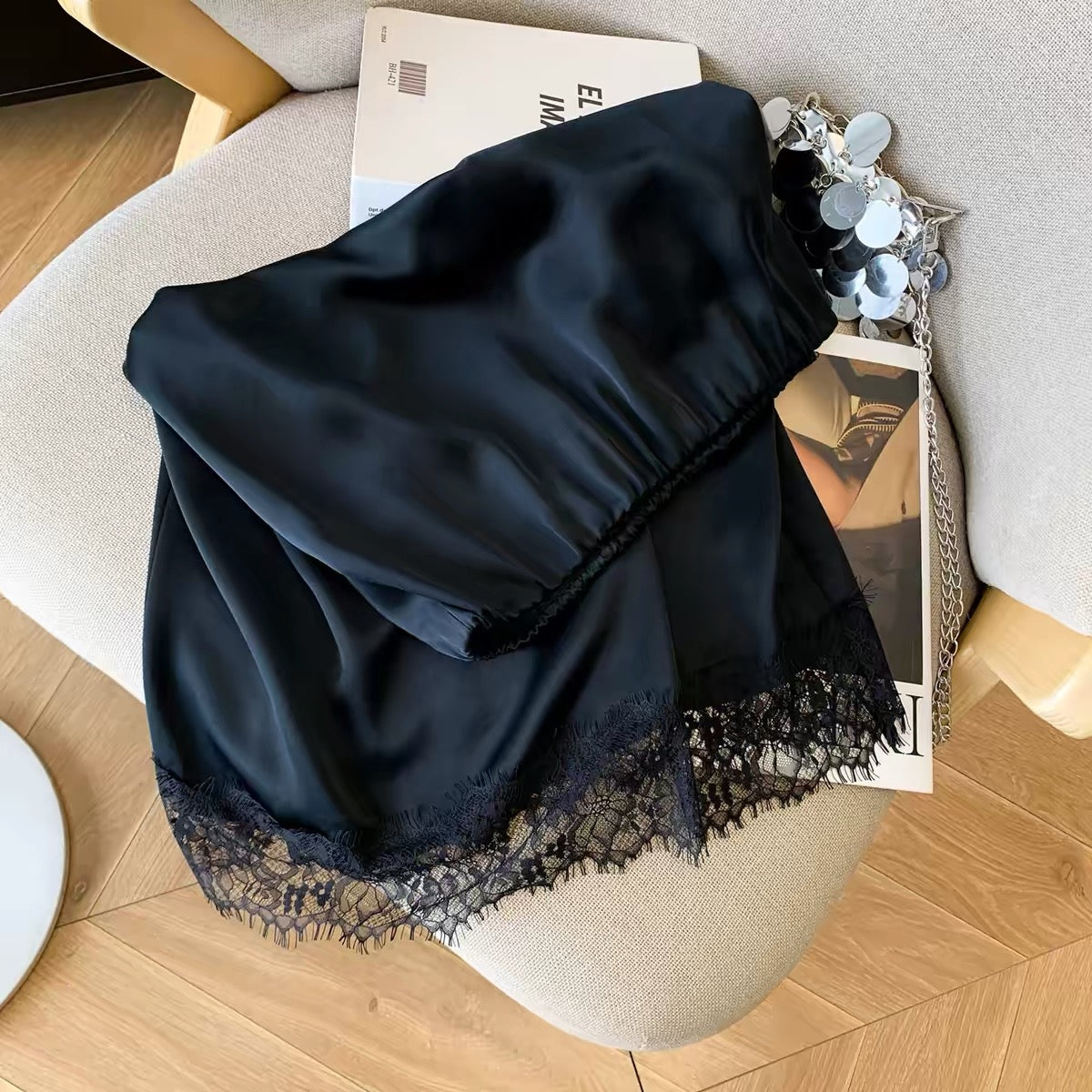 Summer 2026 New Arrival: Sophisticated Black Satin Midi Skirt – High-Waisted, Slimming, and Draped with Lace Paneling