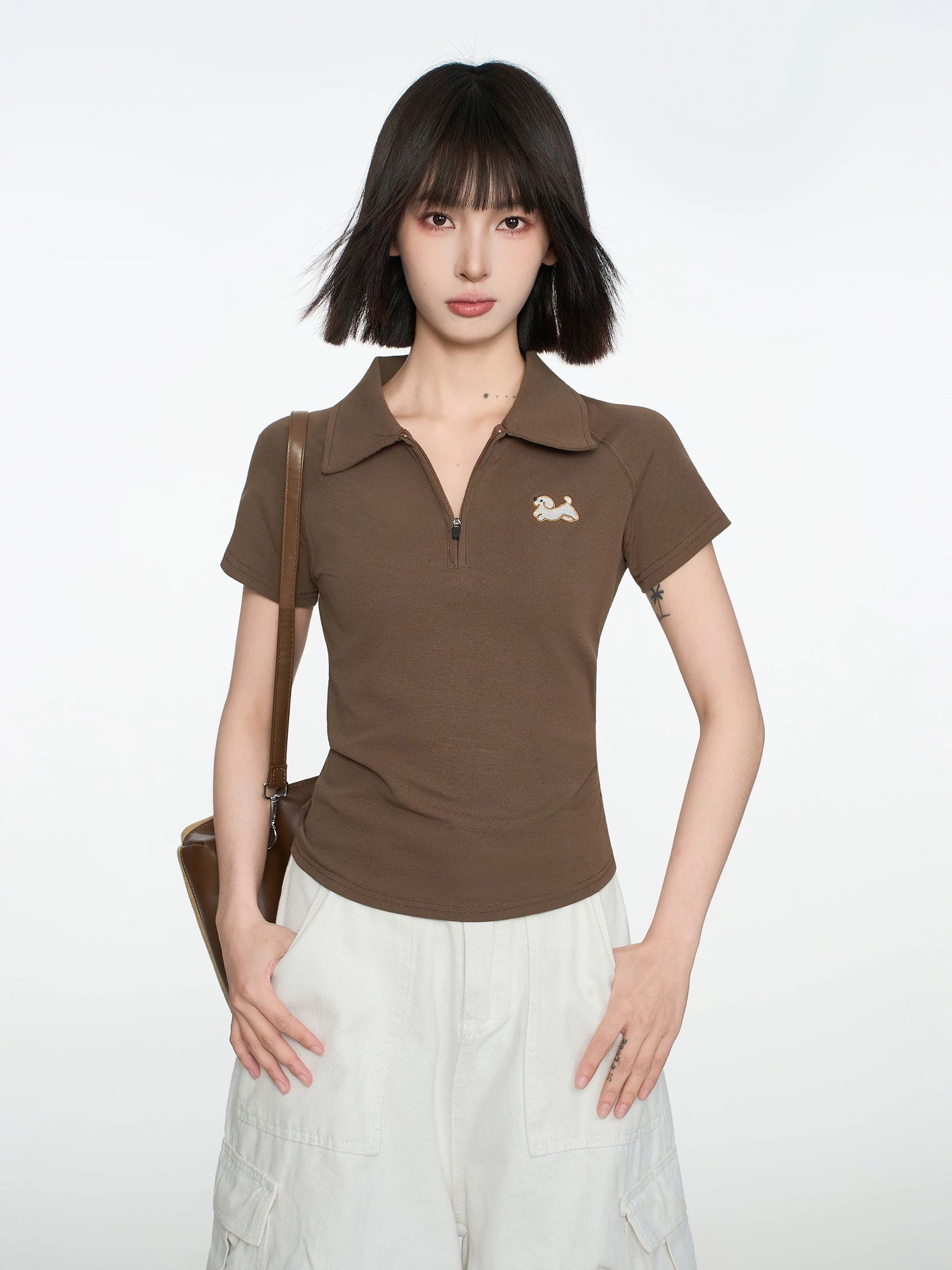 American brown polo shirt straight shoulder short-sleeved T-shirt women's summer slim short waist half-sleeve V-neck half-zip top