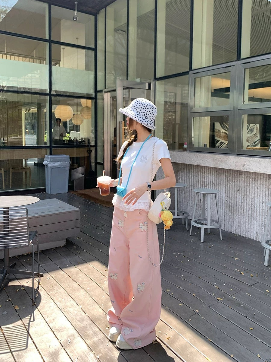 CCKOK Back puppy embroidered skirt slim shoulder T-shirt 2025 summer new niche short-sleeved women