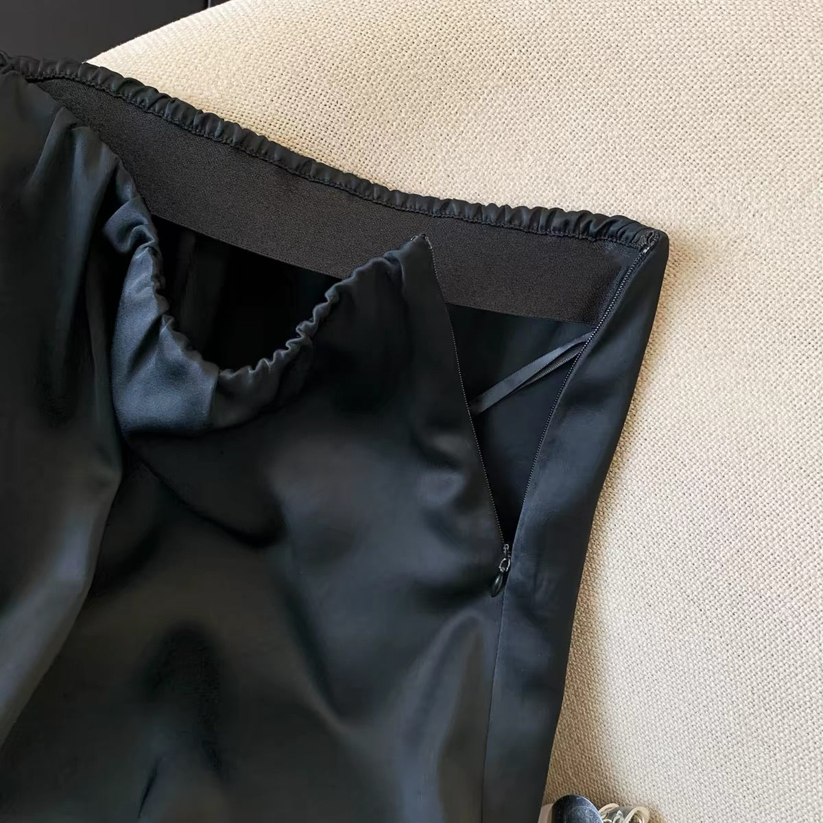 Summer 2026 New Arrival: Sophisticated Black Satin Midi Skirt – High-Waisted, Slimming, and Draped with Lace Paneling