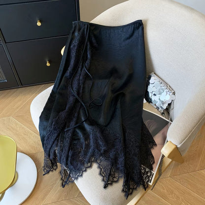 Premium Women's Acetate Satin Midi Skirt – 2026 Summer New Arrival: Sophisticated French-Style Lace-Paneled Design