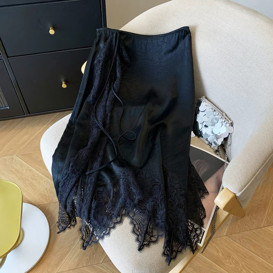 Premium Women's Acetate Satin Midi Skirt – 2026 Summer New Arrival: Sophisticated French-Style Lace-Paneled Design