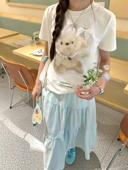 CCKOK Milk Huhu Printed Puppy Straight Shoulder Short Sleeve 2024 New Loose Niche Age-Reducing Design T-shirt Women's Summer