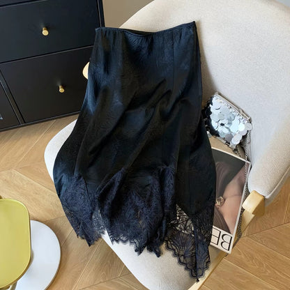 Premium Women's Acetate Satin Midi Skirt – 2026 Summer New Arrival: Sophisticated French-Style Lace-Paneled Design