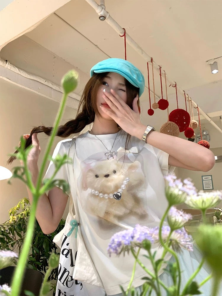 CCKOK Milk Huhu Printed Puppy Straight Shoulder Short Sleeve 2024 New Loose Niche Age-Reducing Design T-shirt Women's Summer