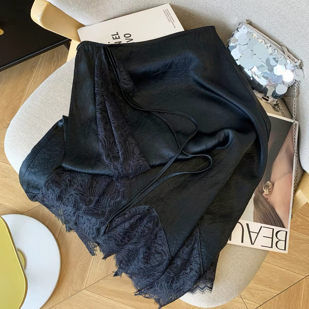 Premium Women's Acetate Satin Midi Skirt – 2026 Summer New Arrival: Sophisticated French-Style Lace-Paneled Design