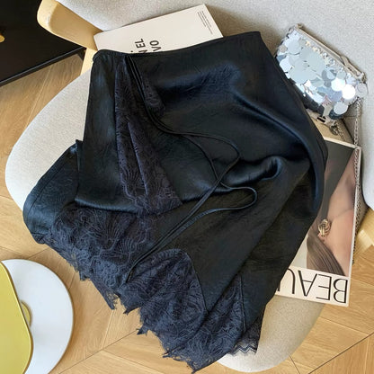 Premium Women's Acetate Satin Midi Skirt – 2026 Summer New Arrival: Sophisticated French-Style Lace-Paneled Design